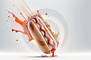 Delicious hot dog with sausages falling on a white background, ai generative illustration