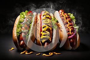 Delicious hot dogs fully loaded with assorted toppings, ai generative illustration