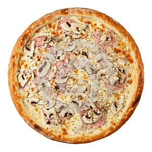 Delicious hot italian Pizza with mushroom sauce, ham, mushrooms, oregano and cheese mozzarella