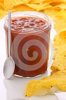 Delicious hot salsa dip and nachos