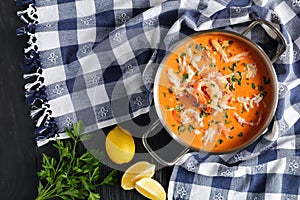 Delicious hot seafood bisque, top view
