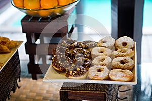 Delicious hotel restaurant allinclusive buffet with tasty food. Baking on plates photo