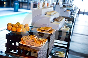 Delicious hotel restaurant allinclusive buffet with tasty food. Baking on plates