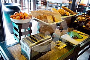 Delicious hotel restaurant allinclusive buffet with tasty food. Bread and toaster photo