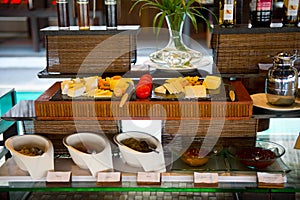 Delicious hotel restaurant allinclusive buffet with tasty food. Cheese plate