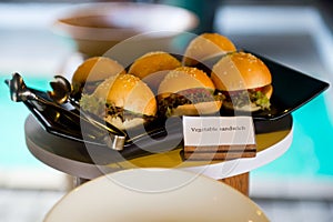 Delicious hotel restaurant allinclusive buffet with tasty food. Vegan burgers and sandwiches