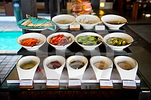 Delicious hotel restaurant allinclusive buffet with tasty food. Vegetables for vegans photo