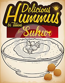 Delicious Hummus Dish and Chickpeas for Suhur Breakfast During Ramadan, Vector Illustration photo