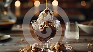 Delicious ice cream with caramel and nuts on wooden table, Generative AI illustrations