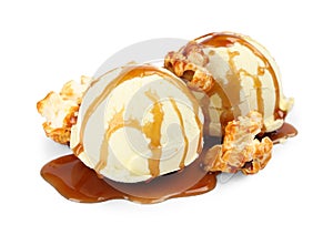 Delicious ice cream with caramel popcorn and sauce