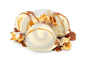 Delicious ice cream with caramel popcorn and sauce