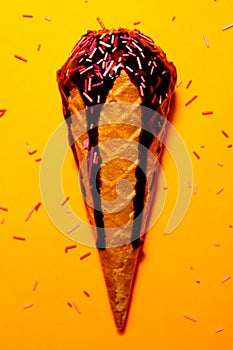 Delicious ice cream with chocolate topping at yellow background