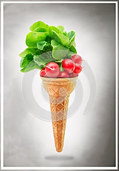 Delicious ice cream cone with radishes taste