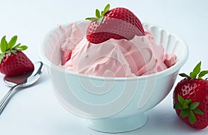 delicious ice-cream with strawberry in bowls on table