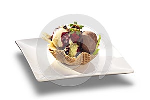 Delicious ice cream sundae with fresh fruits