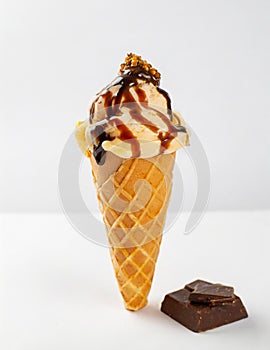 delicious ice cream in a waffle cone is topped with chocolate topping and caramel