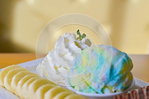 Delicious ice rainbow, brownie, cake, vanilla cream and banana in holiday,select focus