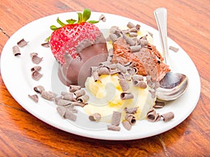Delicious icecream dessert on white plate