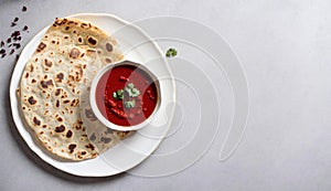 Delicious Indian Paratha Bread with Red Sauce on Plate, Copy Space