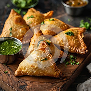 Delicious Indian Samosas on a Rustic Board with Chutney and Tamarind Sauce