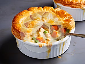 Delicious individual chicken creamy pot pie with vegetables in rich sauce with buttery flaky pastry. Cozy hearty meal for family