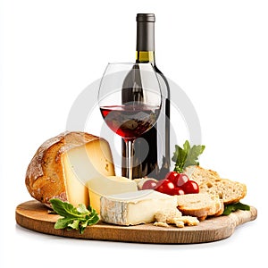 Red Wine, Cheese, Bread, and Tomatoes on a Wooden Cutting Board.