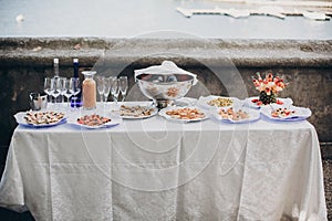 Delicious italian appetizers on table at wedding reception outdoors. Caviar, seafood, canapes, champagne and wine glasses on table