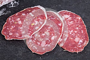 Delicious italian felino sliced salami.