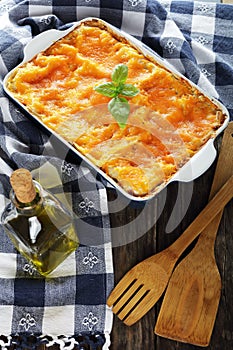 Delicious italian lasagna in baking dish