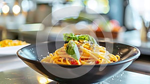 delicious italian pasta in a chic black bowl at a restaurant