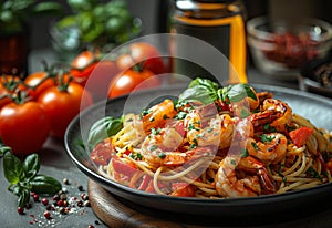 Delicious italian pasta or noodles with shrimps and tomato sauce on plate on dark background