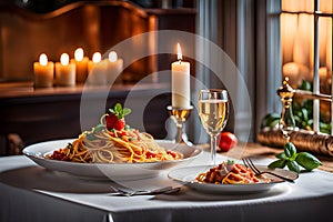 Delicious Italian pasta spaghetti with baked tomatoi. Beautifully set table in an Italian cafe with candles