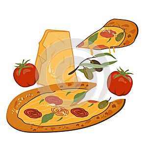 Delicious Italian pizza with the best cheeses and ingredients, hand drawn vector