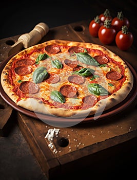 Gourmet pizza with pepperoni and albahaca. Italian food. photo