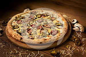 Delicious italian pizza served on wooden table