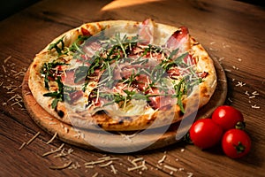 Delicious italian pizza served on wooden table