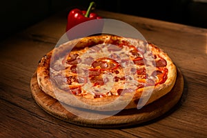 Delicious italian pizza served on wooden table