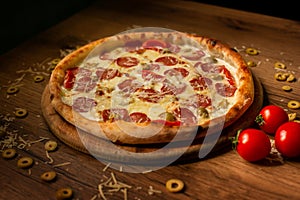 Delicious italian pizza served on wooden table