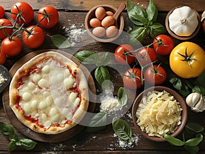 Delicious italian pizza served on wooden table, Composition With Pizza Crust And Ingredients