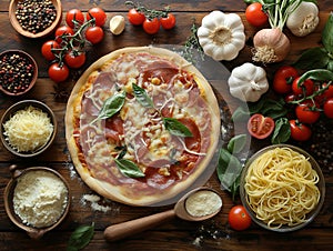 Delicious italian pizza served on wooden table, Composition With Pizza Crust And Ingredients