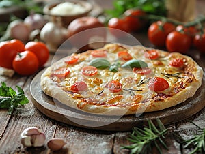 Delicious italian pizza served on wooden table, Composition With Pizza Crust And Ingredients