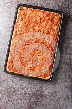 Delicious Italian Sfincione focacia with onions, tomatoes, cheese, anchovies and breadcrumbs closeup on a baking sheet. Vertical