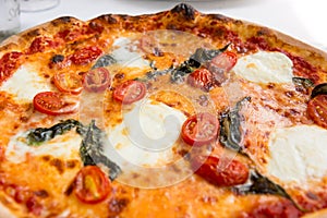 Delicious italian style pizza with tomatoes, mozarella and basil.