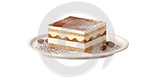 Delicious Italian tiramisu cake presented on a white platter, with a slice cut out to reveal its creamy layers photo