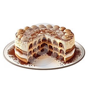 Delicious Italian tiramisu cake presented on a white platter, with a slice cut out to reveal its creamy layers photo
