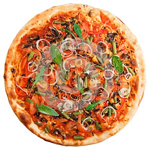 Delicious italian vegetarian pizza with tomatoes, mushrooms, peppers, onion and black olives