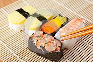 Delicious japan sushi mix with chopsticks