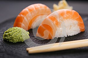 Delicious Japanese cuisine, nigiri sushi with salmon served with