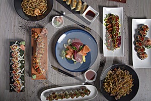 Delicious Japanese food stalled as a menu on a table in a Japanese restaurant