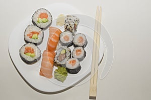 Delicious Japanese food traditional sushi rolls in white plate